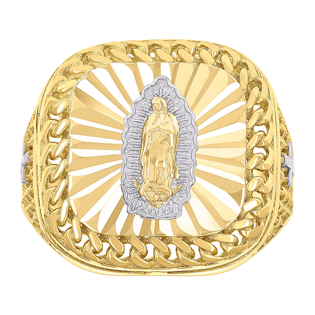 10K Two-tone Gold Mens Square Head Guadalupe Religious Cuban Border Ring