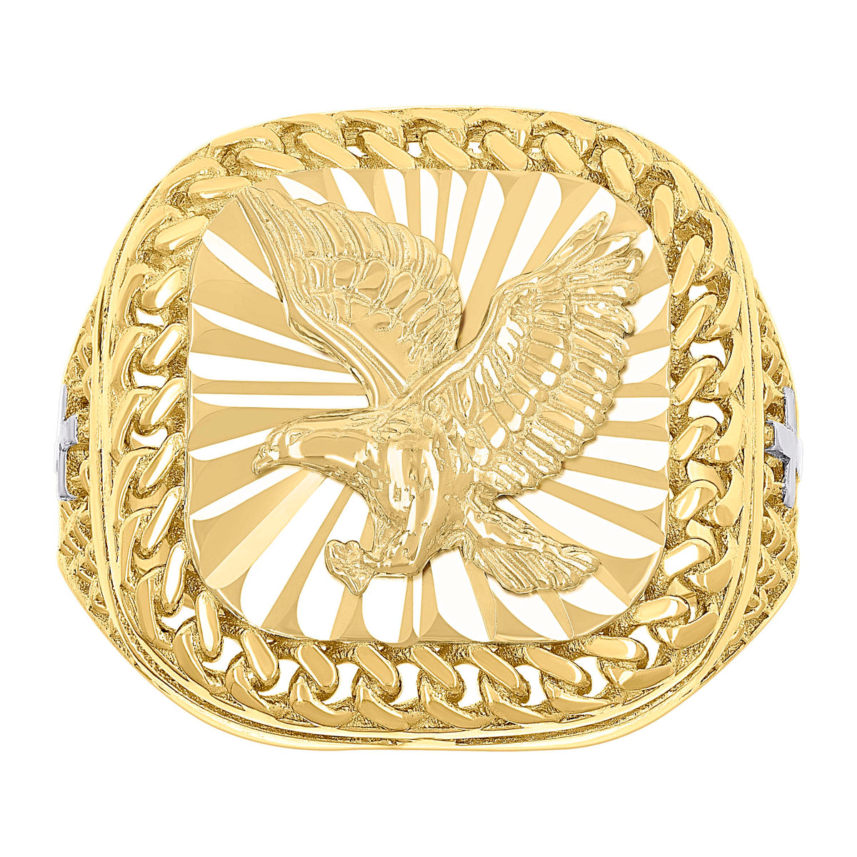 10K Two-tone Gold Mens Eagle Bird Wildlife Square Head Cuban Border Ring