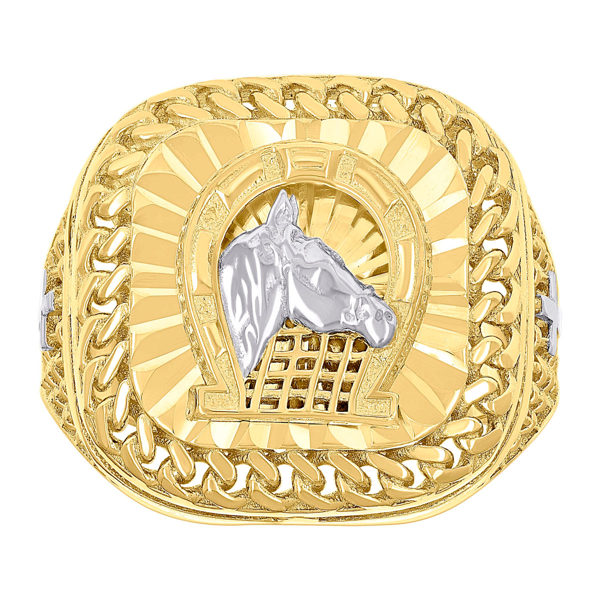 10K Two-tone Gold Mens Horse Head Horseshoe Good Luck Square Head Cuban Border Ring