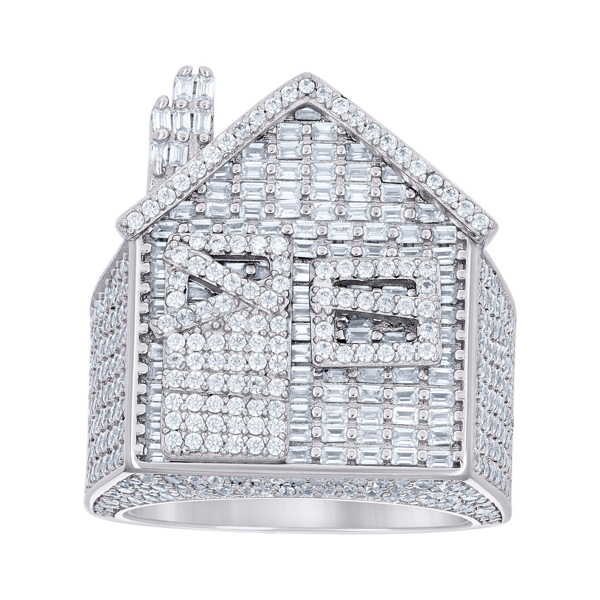 925 Sterling Silver Mens Round Baguette Cubic-Zirconia Cluster Trap House Fashion Ring Size 12