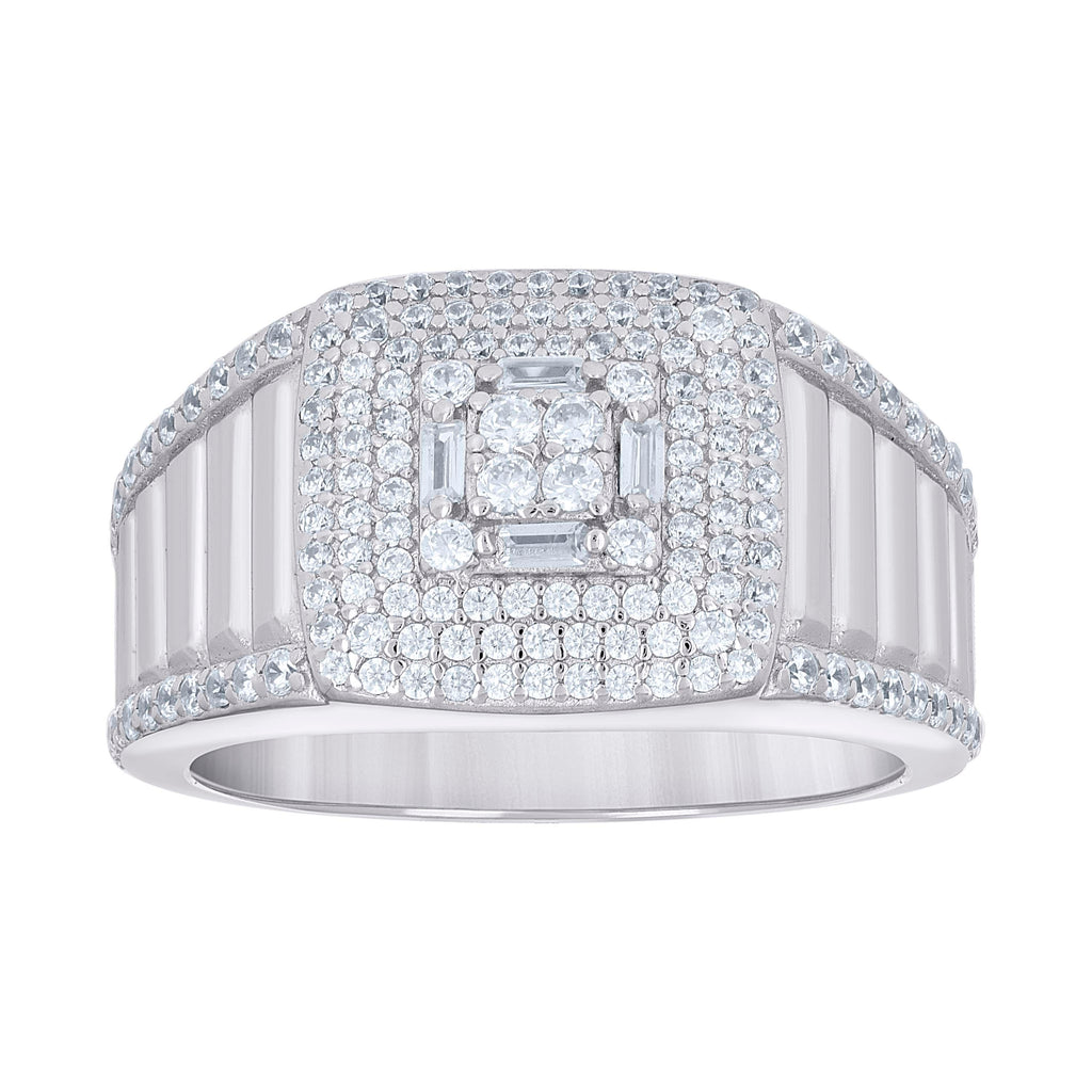 925 Sterling Silver Mens Round Baguette Cubic-Zirconia Square Head Fashion Ring