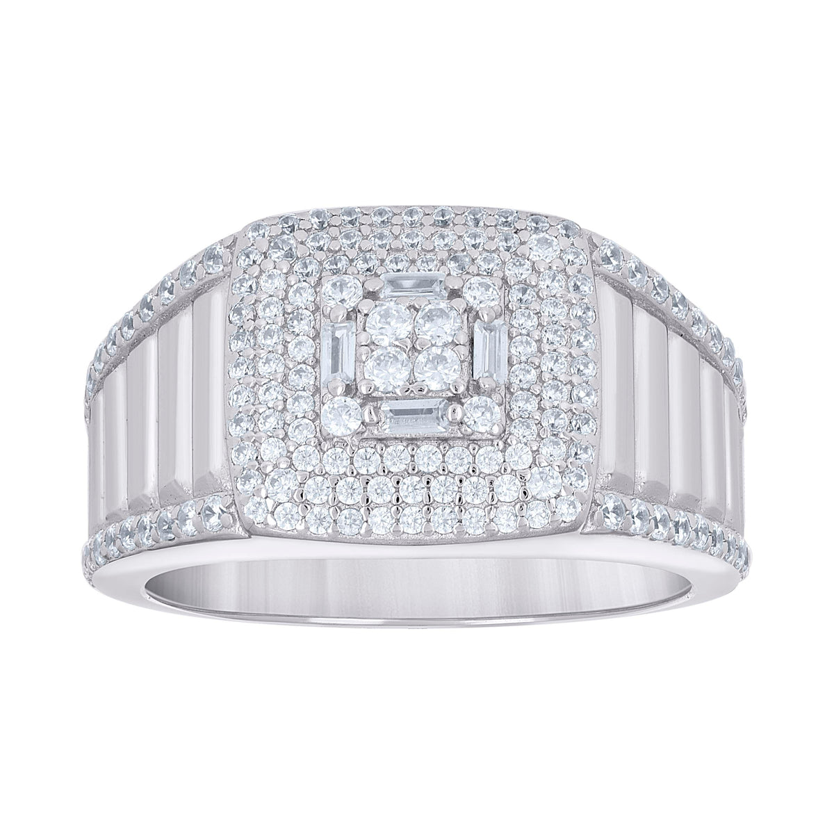 925 Sterling Silver Mens Round Baguette Cubic-Zirconia Square Head Fashion Ring