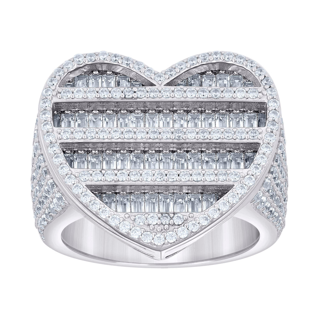 925 Sterling Silver Womens Round Baguette Cubic-Zirconia Cluster Heart Ring