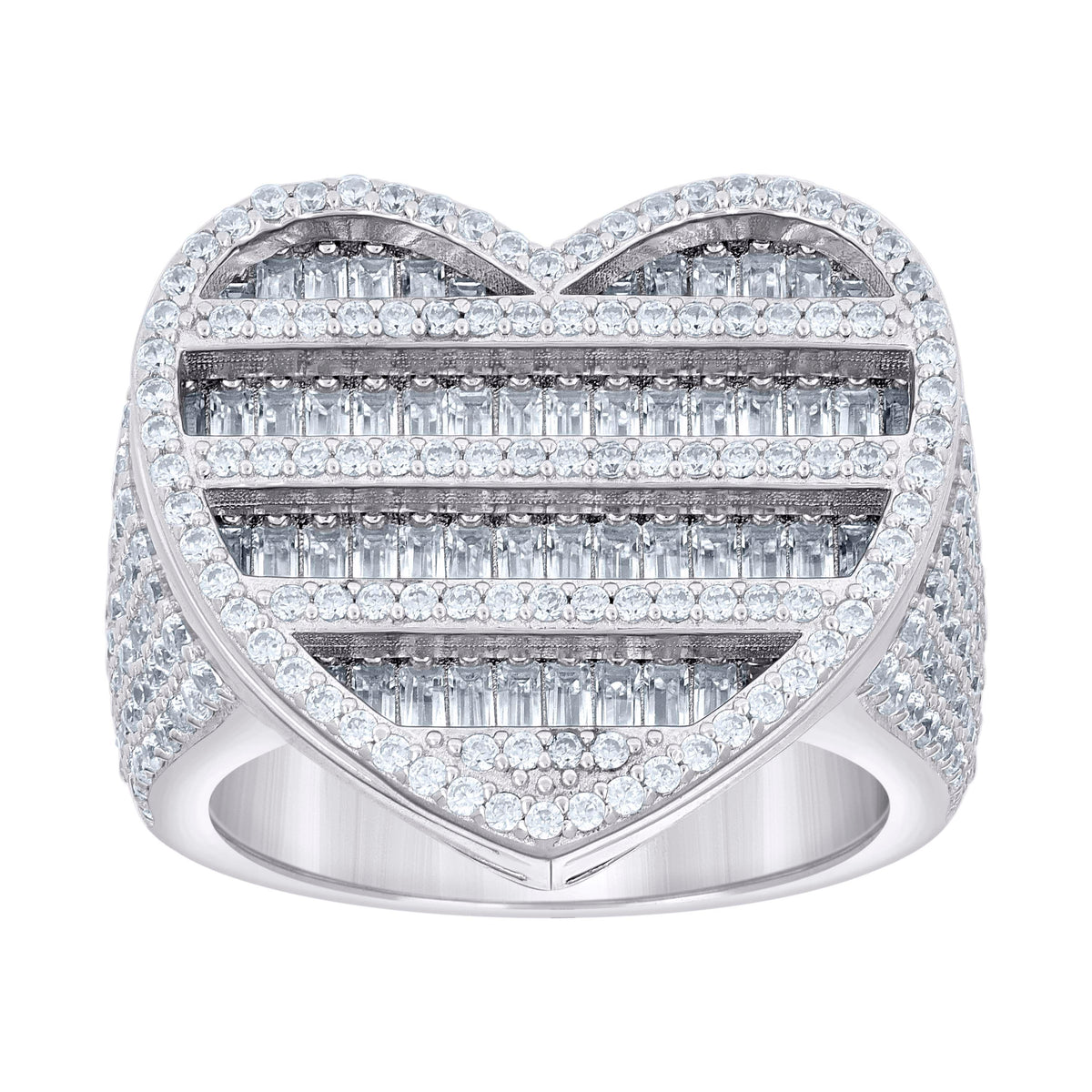 925 Sterling Silver Womens Round Baguette Cubic-Zirconia Cluster Heart Ring
