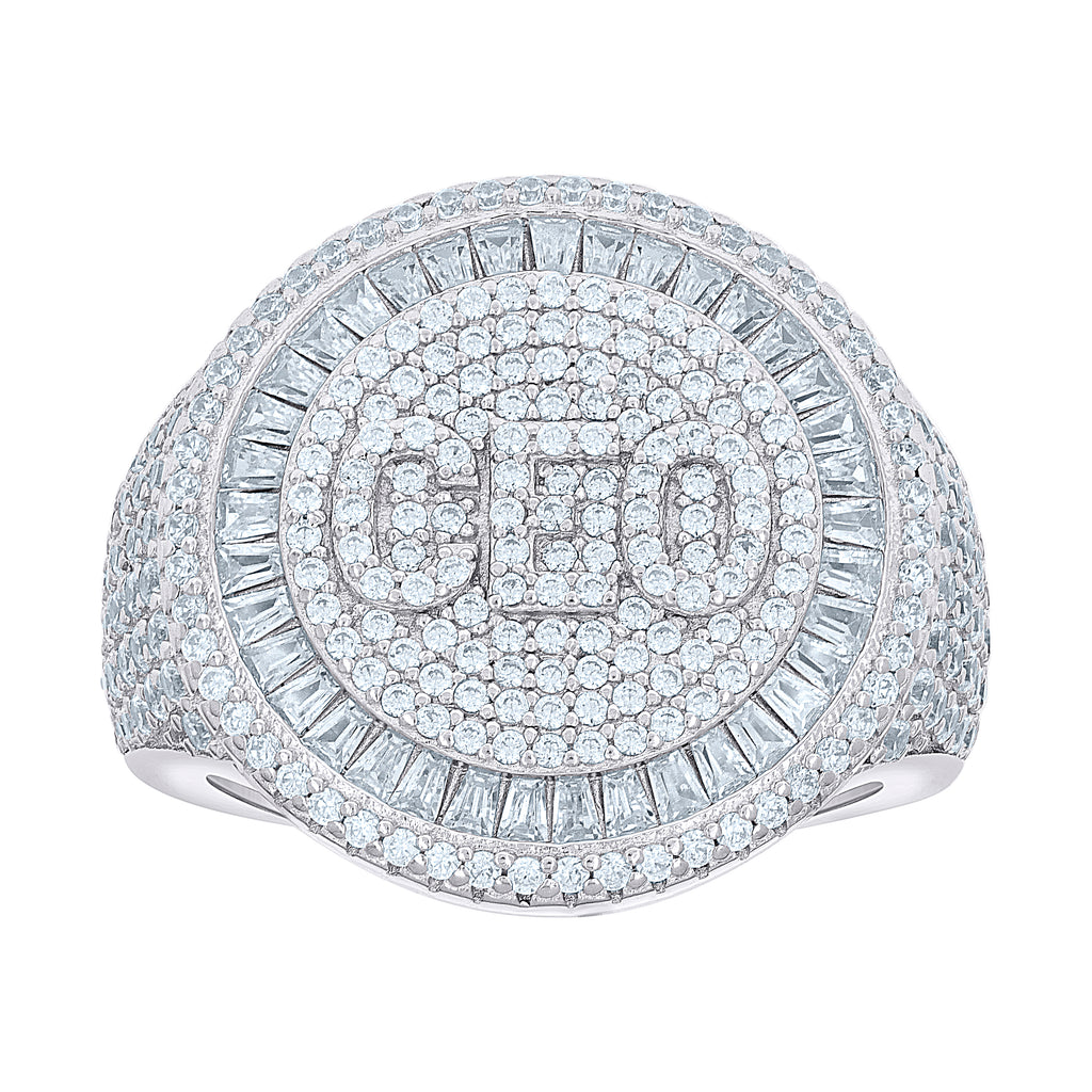 925 Sterling Silver Mens Baguette Round Cubic-Zirconia CEO Round Head Fashion Ring Size 12