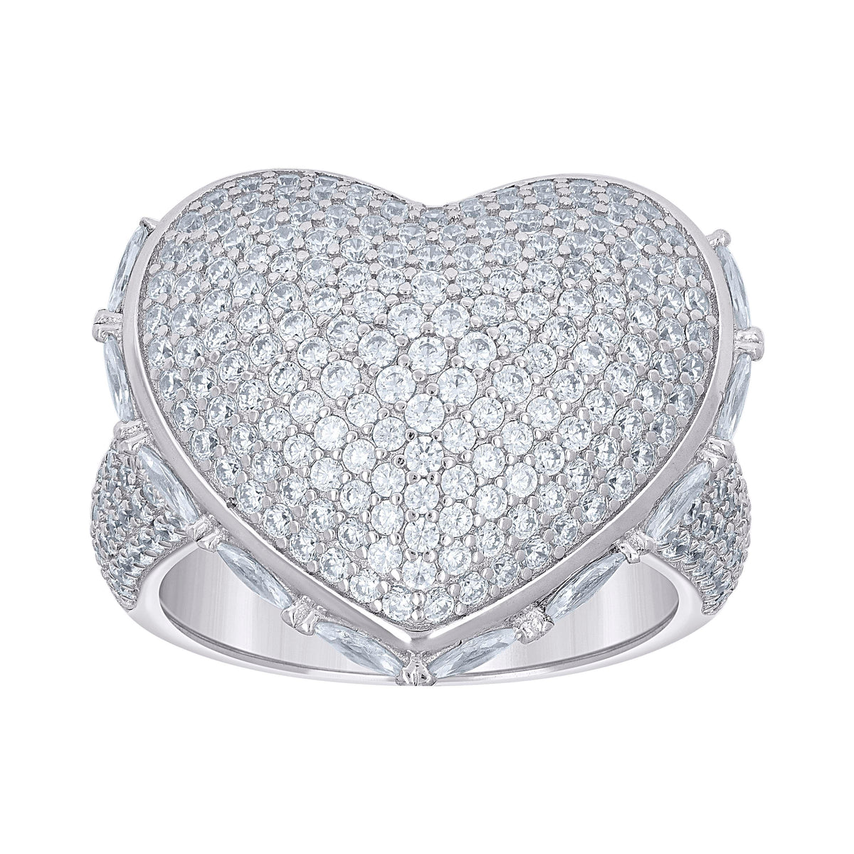 925 Sterling Silver Womens Round Baguette Cubic-Zirconia Cluster Heart Ring Size 11