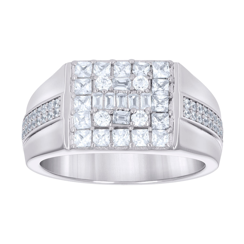 925 Sterling Silver Mens Round Baguette Cubic-Zirconia Square Head Fashion Ring Size 10