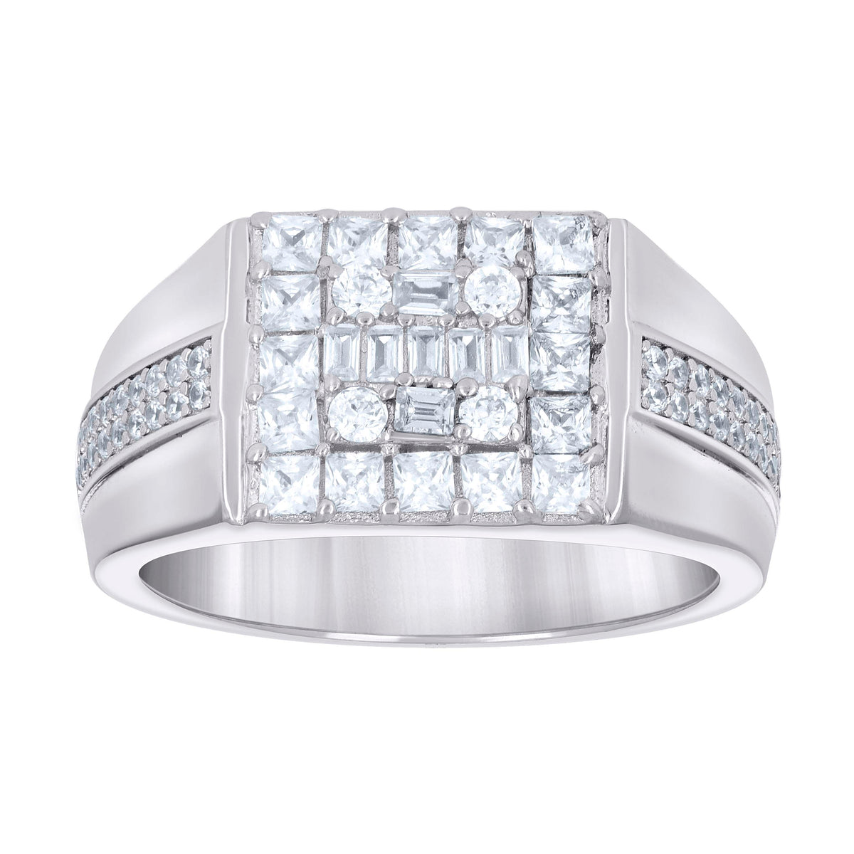 925 Sterling Silver Mens Round Baguette Cubic-Zirconia Square Head Fashion Ring Size 10
