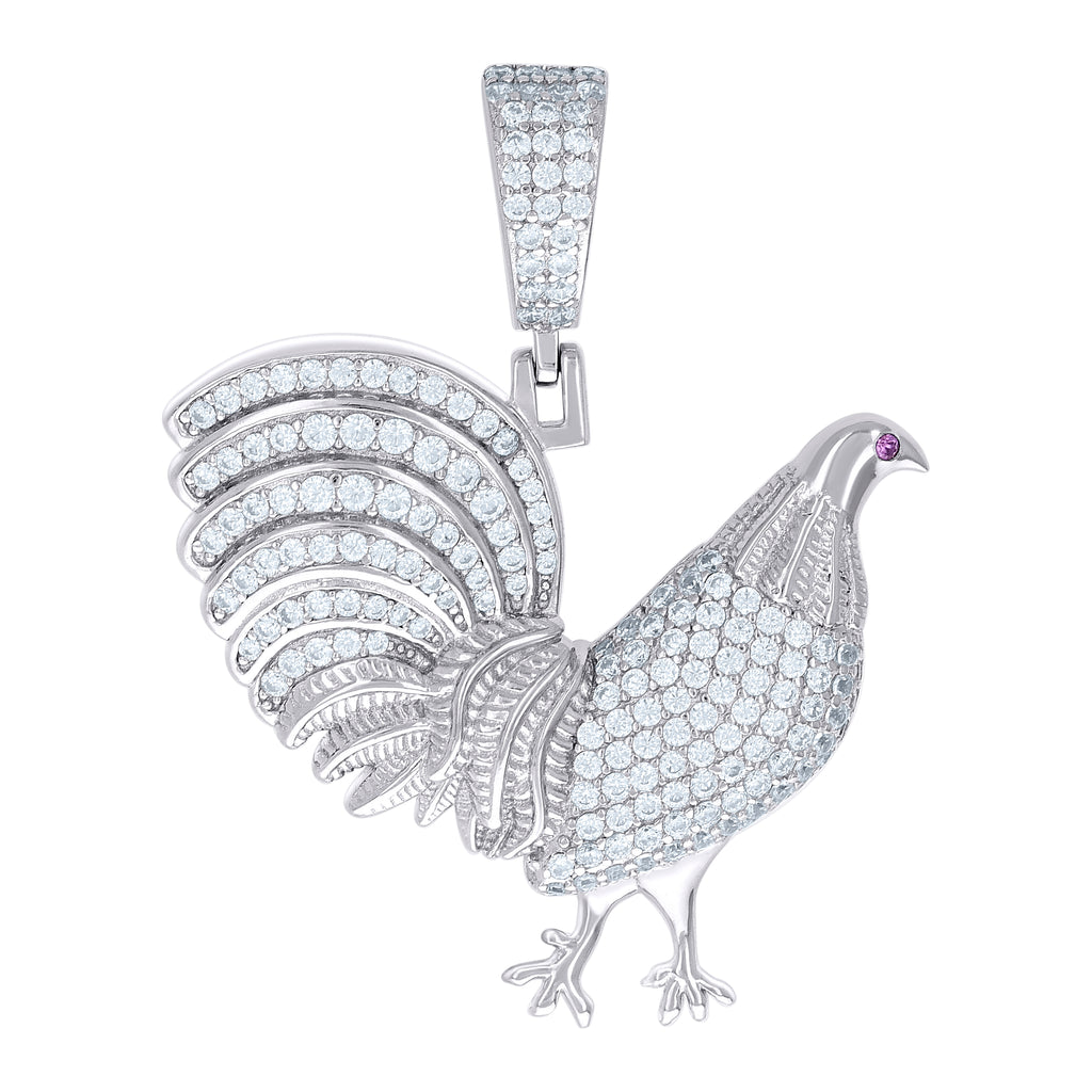 925 Sterling Silver Mens White Pink Cubic-Zirconia Rooster Ground Bird Wildlife Pendant