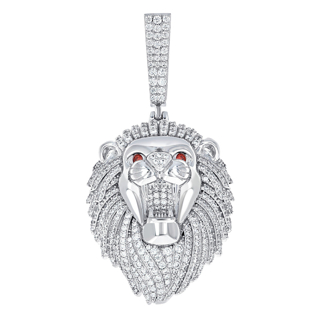 925 Sterling Silver Mens White Red Cubic-Zirconia Leo/Lion Head Zodiac Sign/Wildlife Charm Pendant