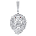 925 Sterling Silver Mens White Red Cubic-Zirconia Leo/Lion Head Zodiac Sign/Wildlife Charm Pendant