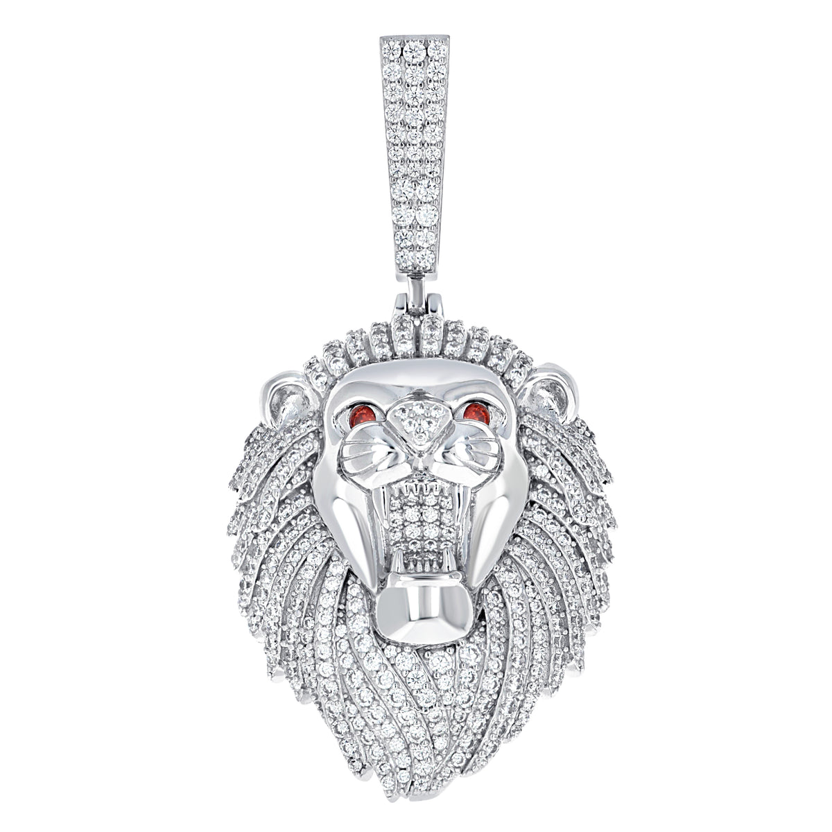 925 Sterling Silver Mens White Red Cubic-Zirconia Leo/Lion Head Zodiac Sign/Wildlife Charm Pendant