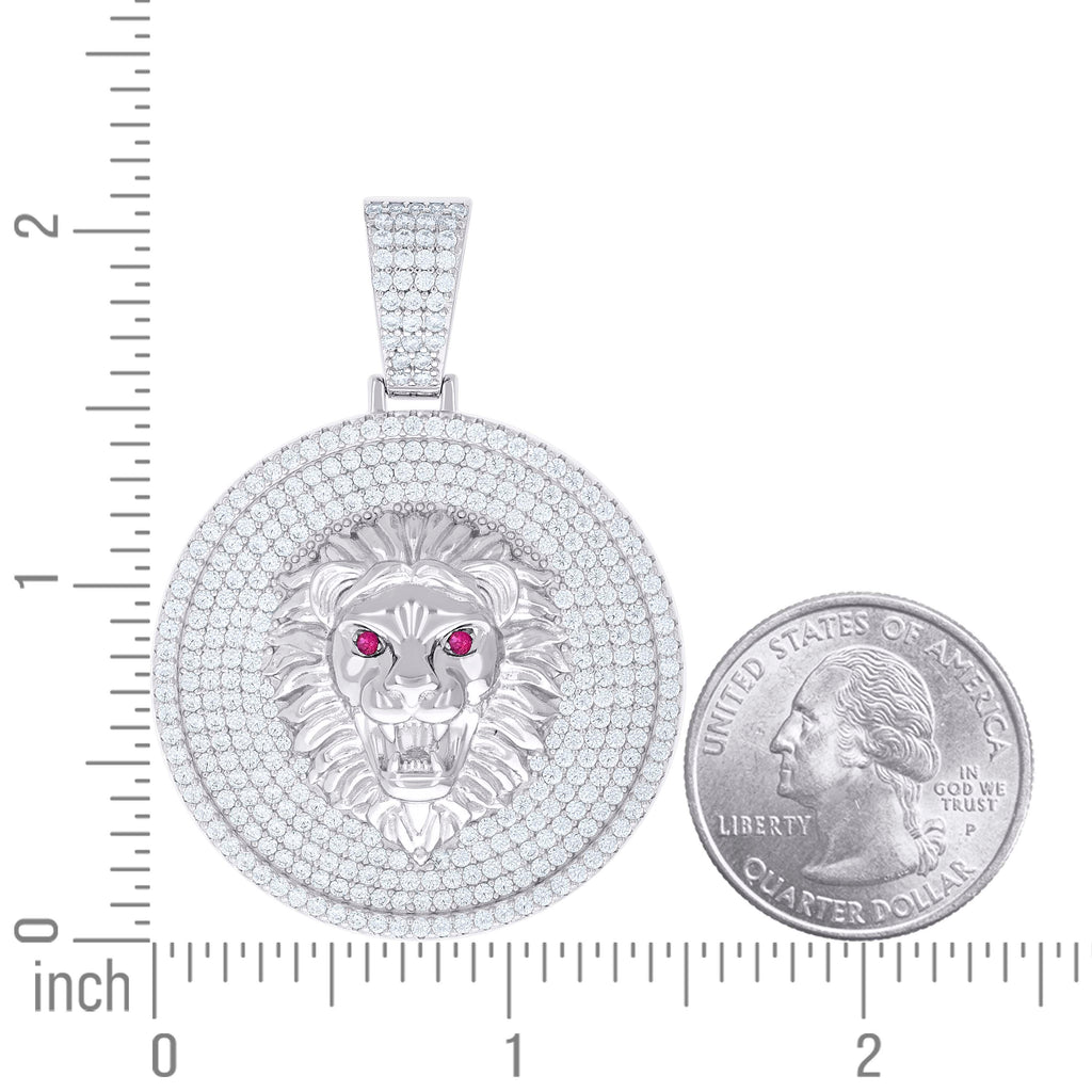 925 Sterling Silver Mens White Pink Cubic-Zirconia Lion Head Animal Wildlife Pendant