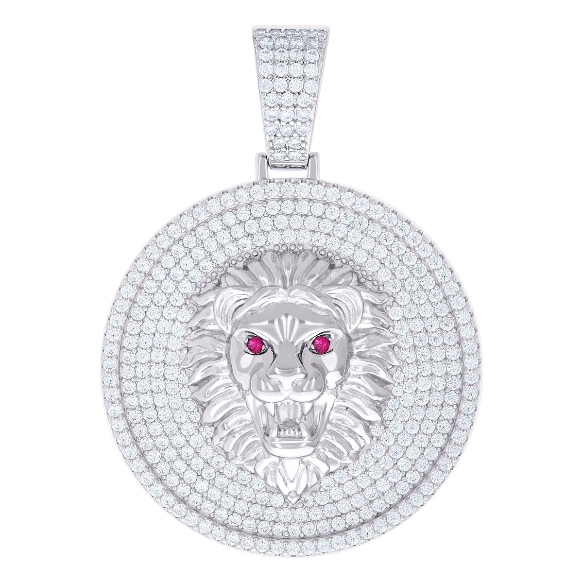 925 Sterling Silver Mens White Pink Cubic-Zirconia Lion Head Animal Wildlife Pendant