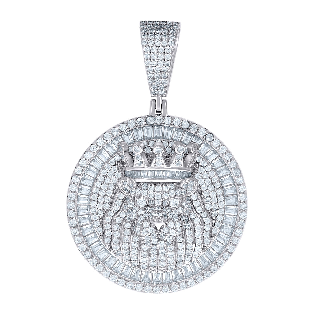 925 Sterling Silver Mens Round Baguette Cubic-Zirconia Leo/Lion Head Zodiac Sign/Wildlife Pendant