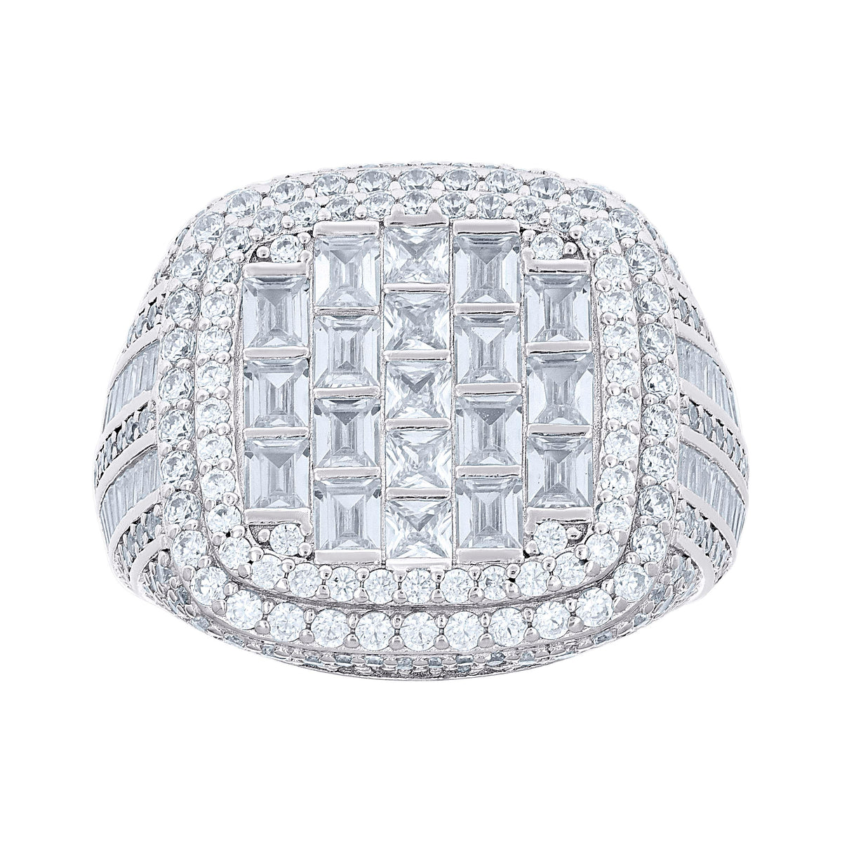 925 Sterling Silver Mens Round Baguette Cubic-Zirconia Cluster Square Head Fashion Ring Size 11