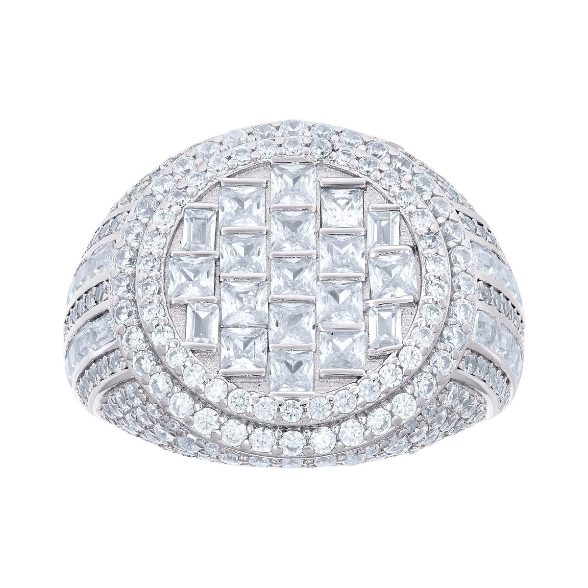 925 Sterling Silver Mens Round Baguette Cubic-Zirconia Round Head Fashion Ring