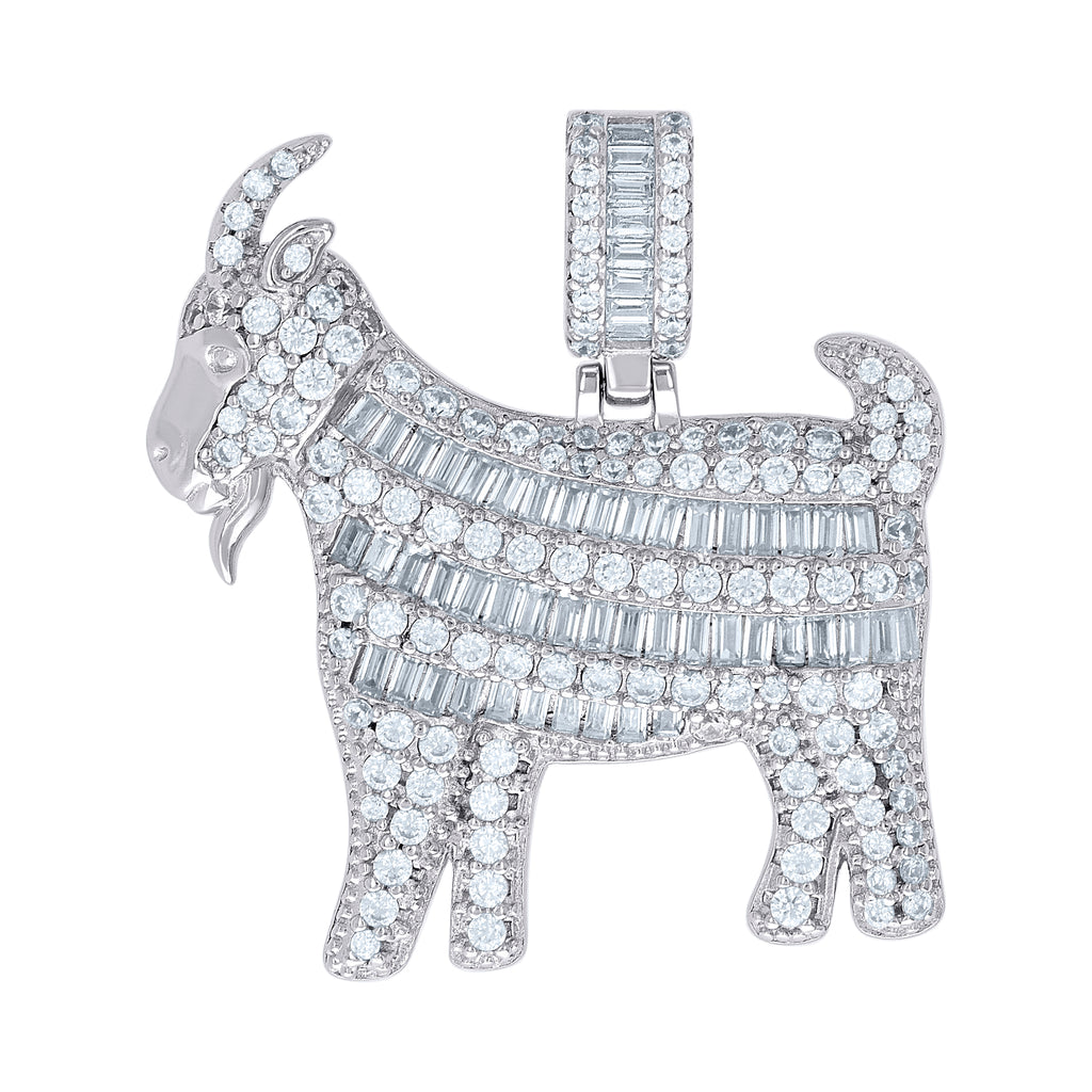 925 Sterling Silver Mens Round Baguette Cubic-Zirconia Goat Animal Wildlife Pendant