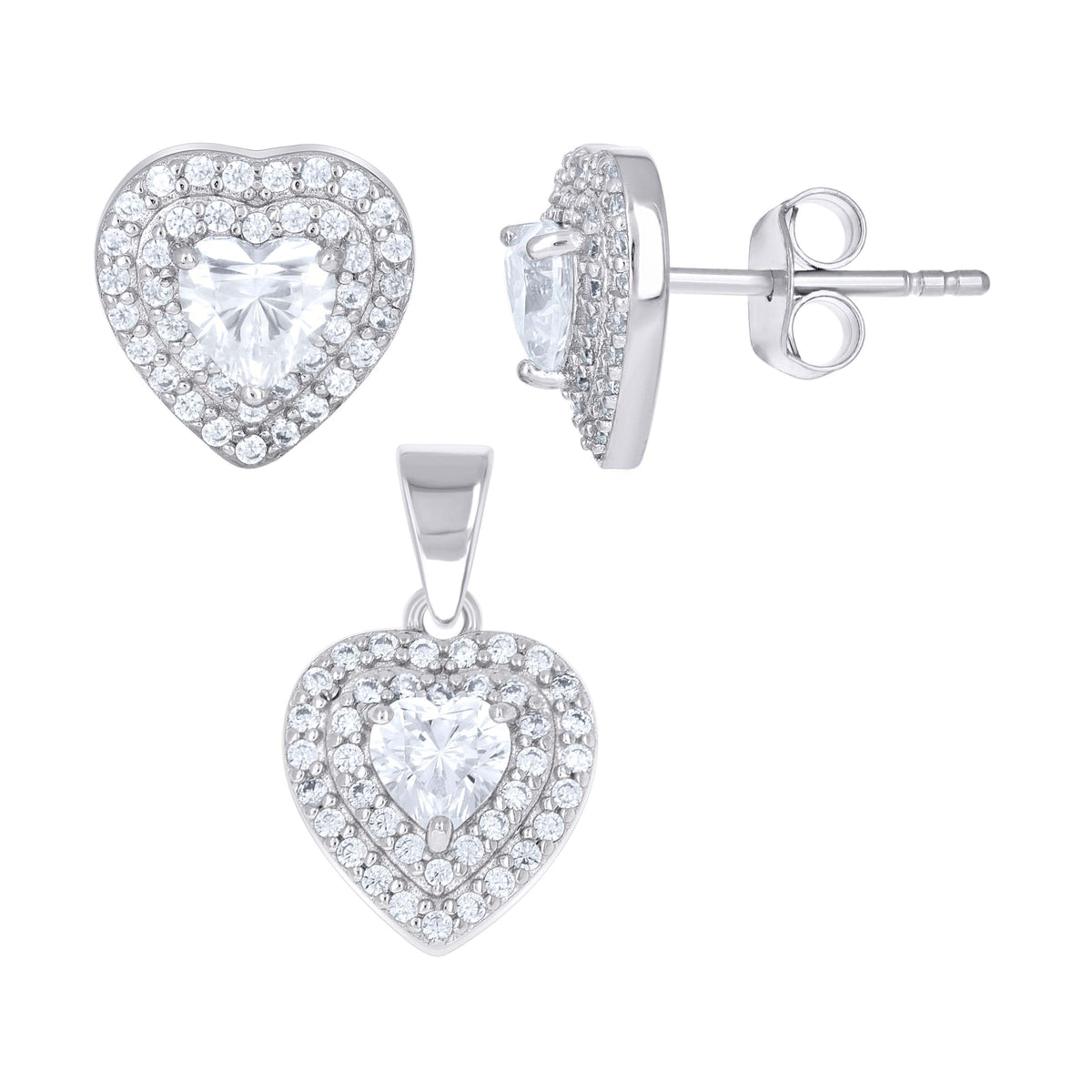 925 Sterling Silver Womens Heart Round Cubic-Zirconia Heart Earrings And Pendant Set