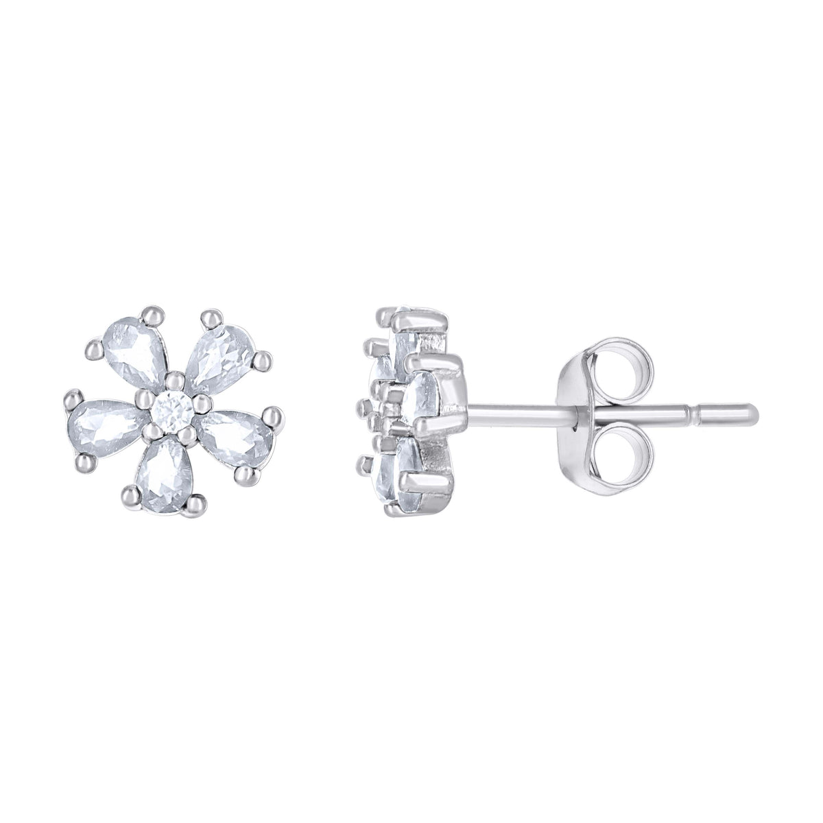 925 Sterling Silver Womens Pink White Teardrop Round Cubic-Zirconia Flower Fashion Stud Earrings