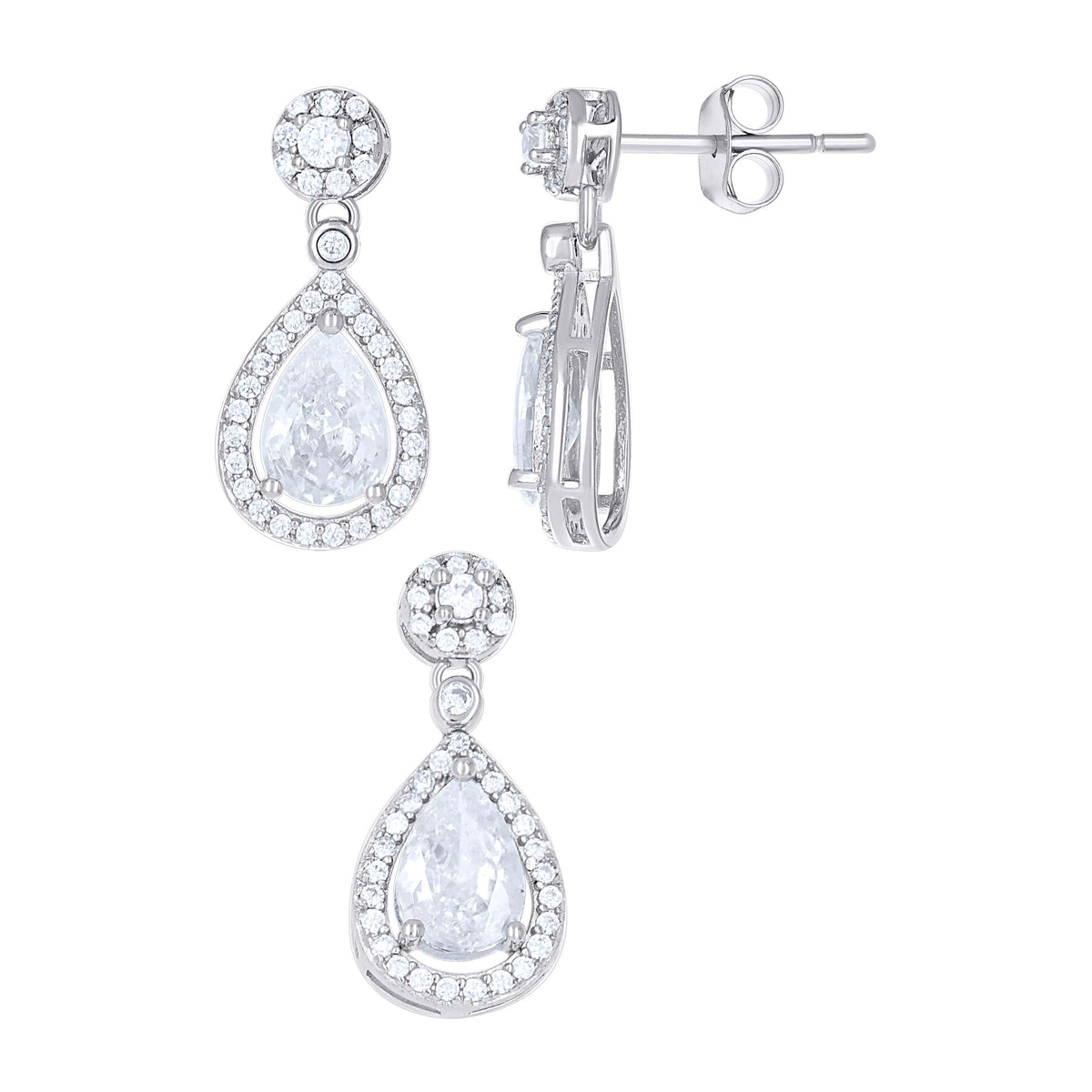 925 Sterling Silver Womens Teardrop Round Cubic-Zirconia Halo Teardrop Fashion Earrings And Pendant Set