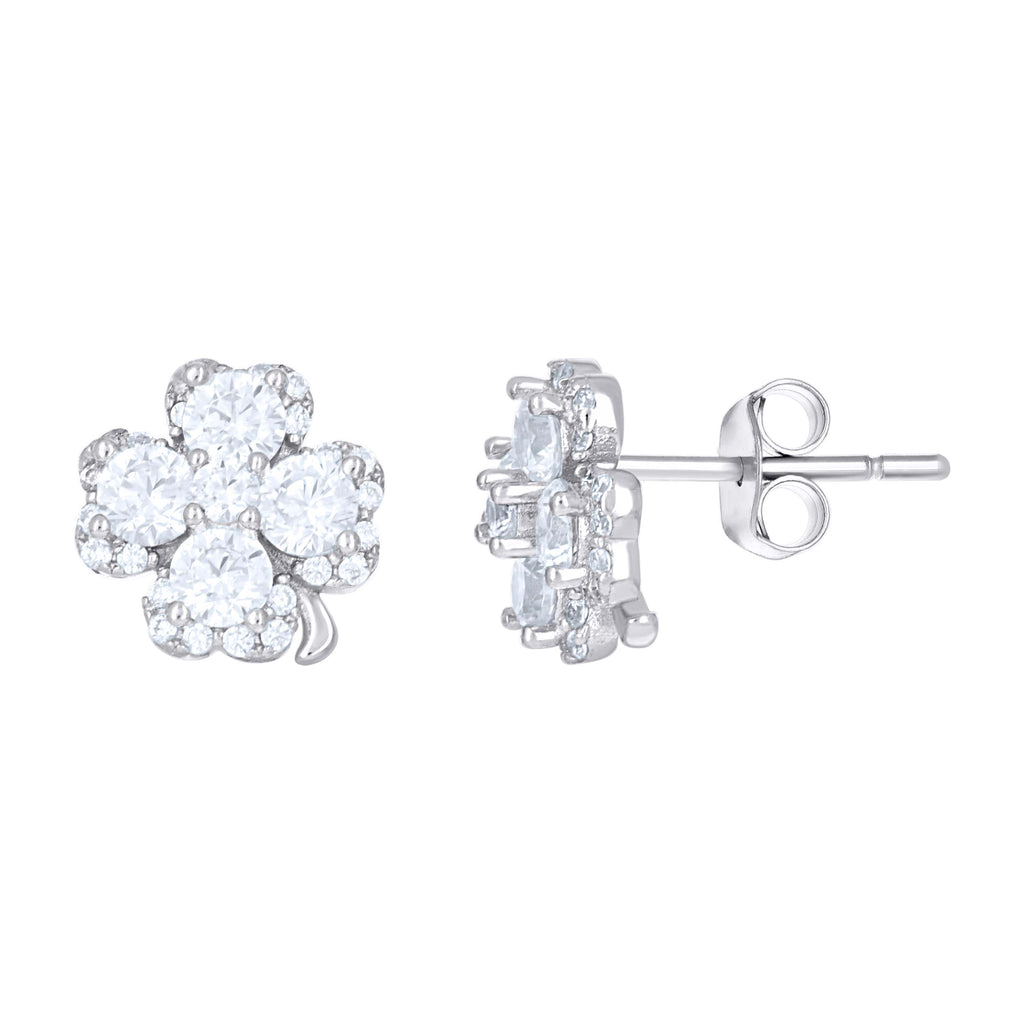 925 Sterling Silver Womens Cubic-Zirconia Clover Good Luck Stud Earrings