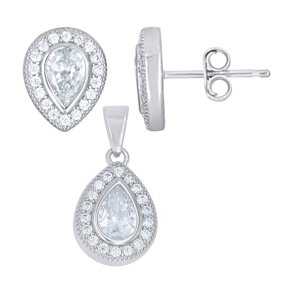 925 Sterling Silver Womens Pink White Teardrop Round Cubic-Zirconia Teardrop Fashion Earrings And Pendant Set