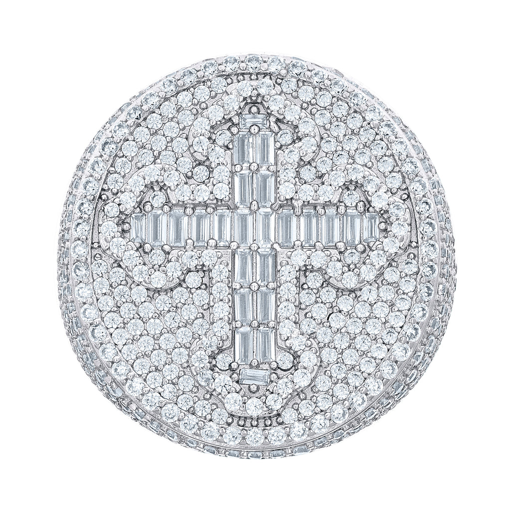 925 Sterling Silver Mens 4.88ct Round, 0.83ct Baguette Moissanite Cross Religious Ring
