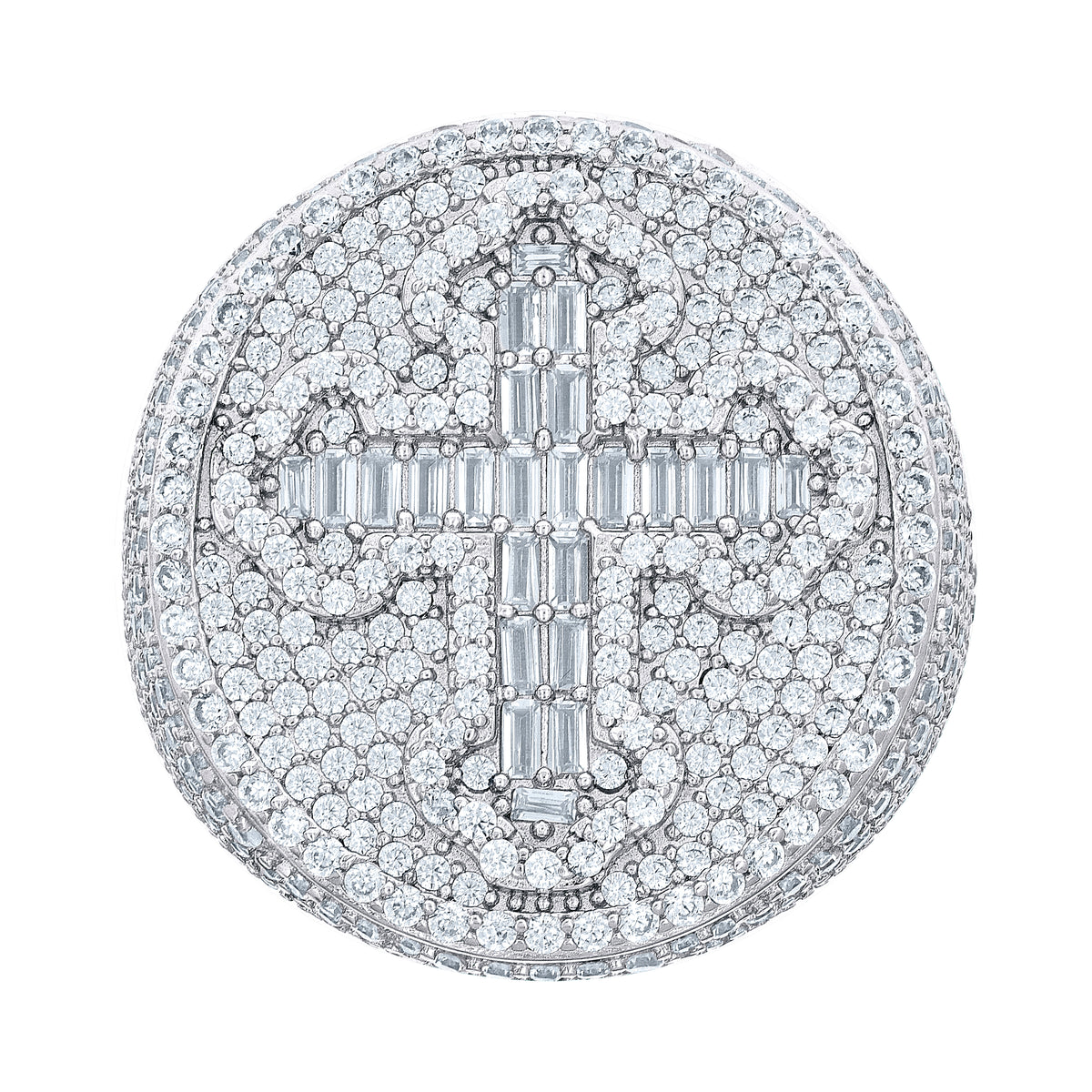 925 Sterling Silver Mens 4.88ct Round, 0.83ct Baguette Moissanite Cross Religious Ring