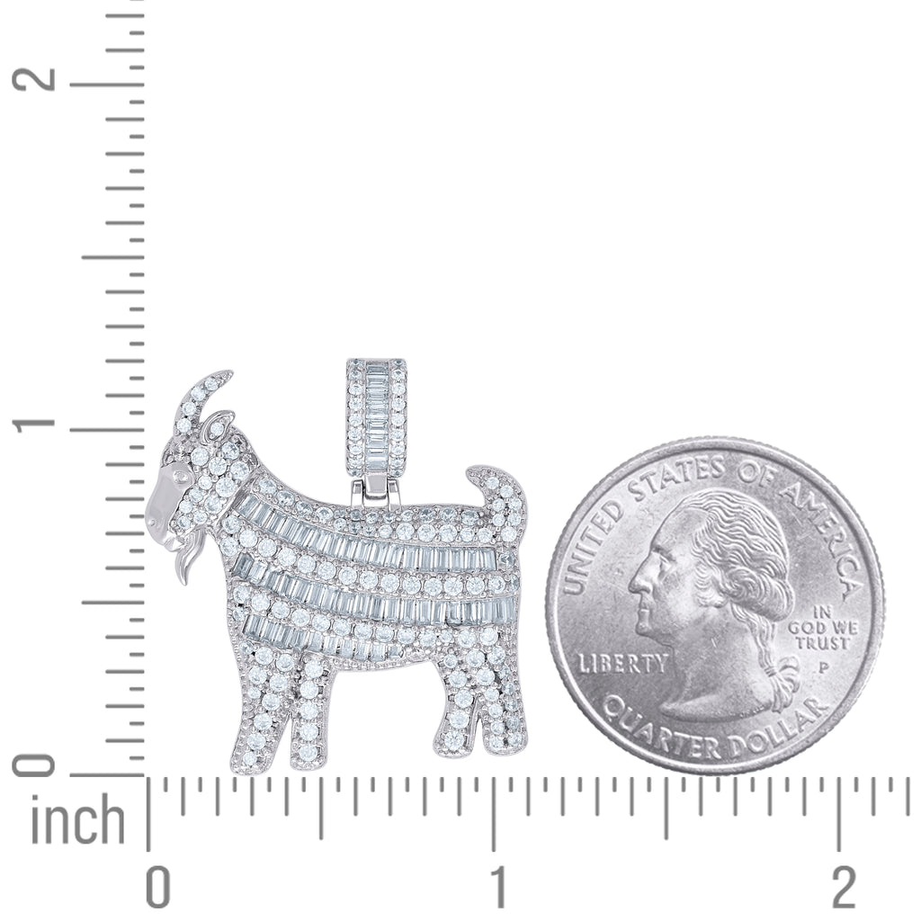 925 Sterling Silver Mens Round Baguette 1.31ct, 1.39ct Moissanite Goat Animal Wildlife Charm Pendant