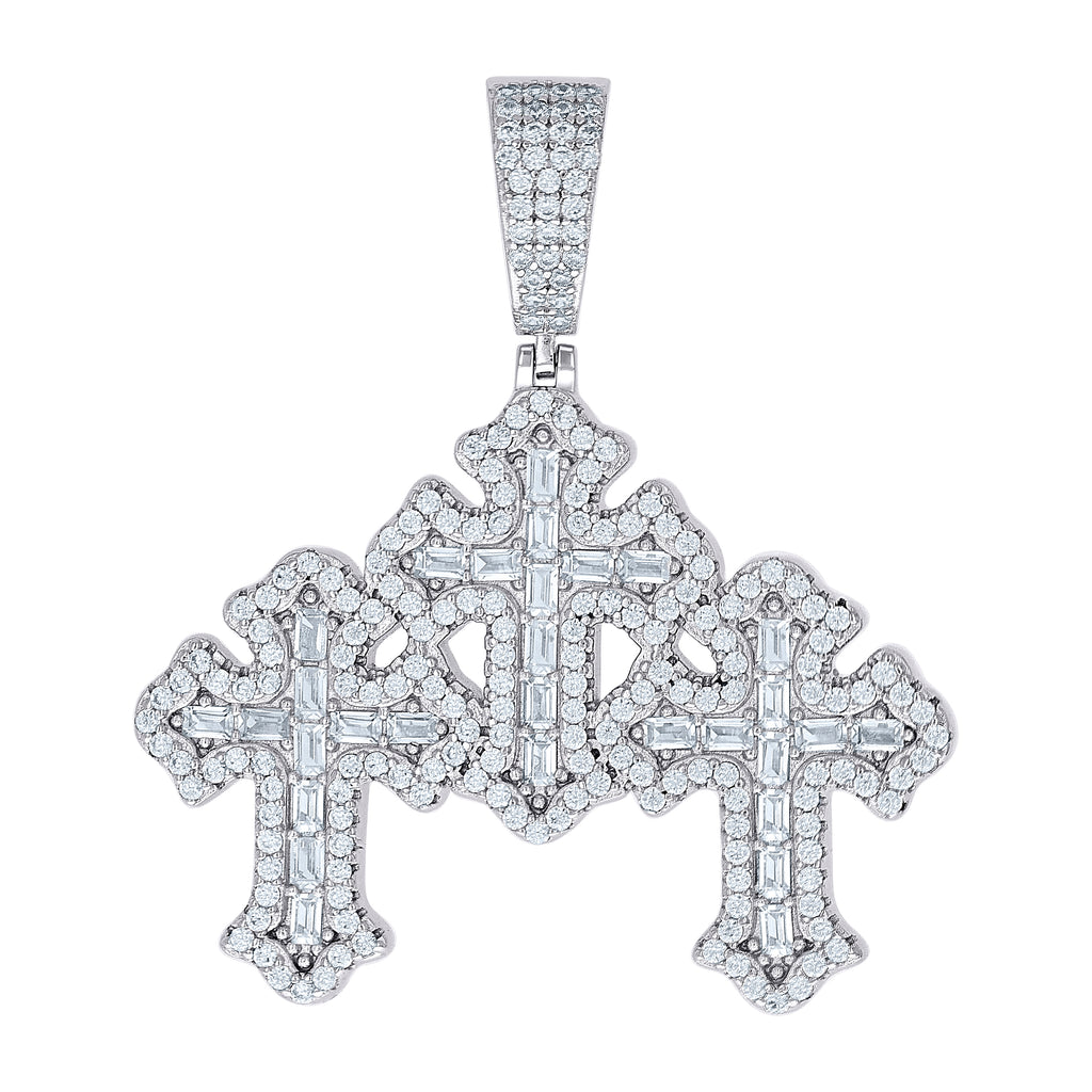 925 Sterling Silver Mens Round Baguette 1.66ct, 1.7ct Moissanite Triple Cross Religious Charm Pendant
