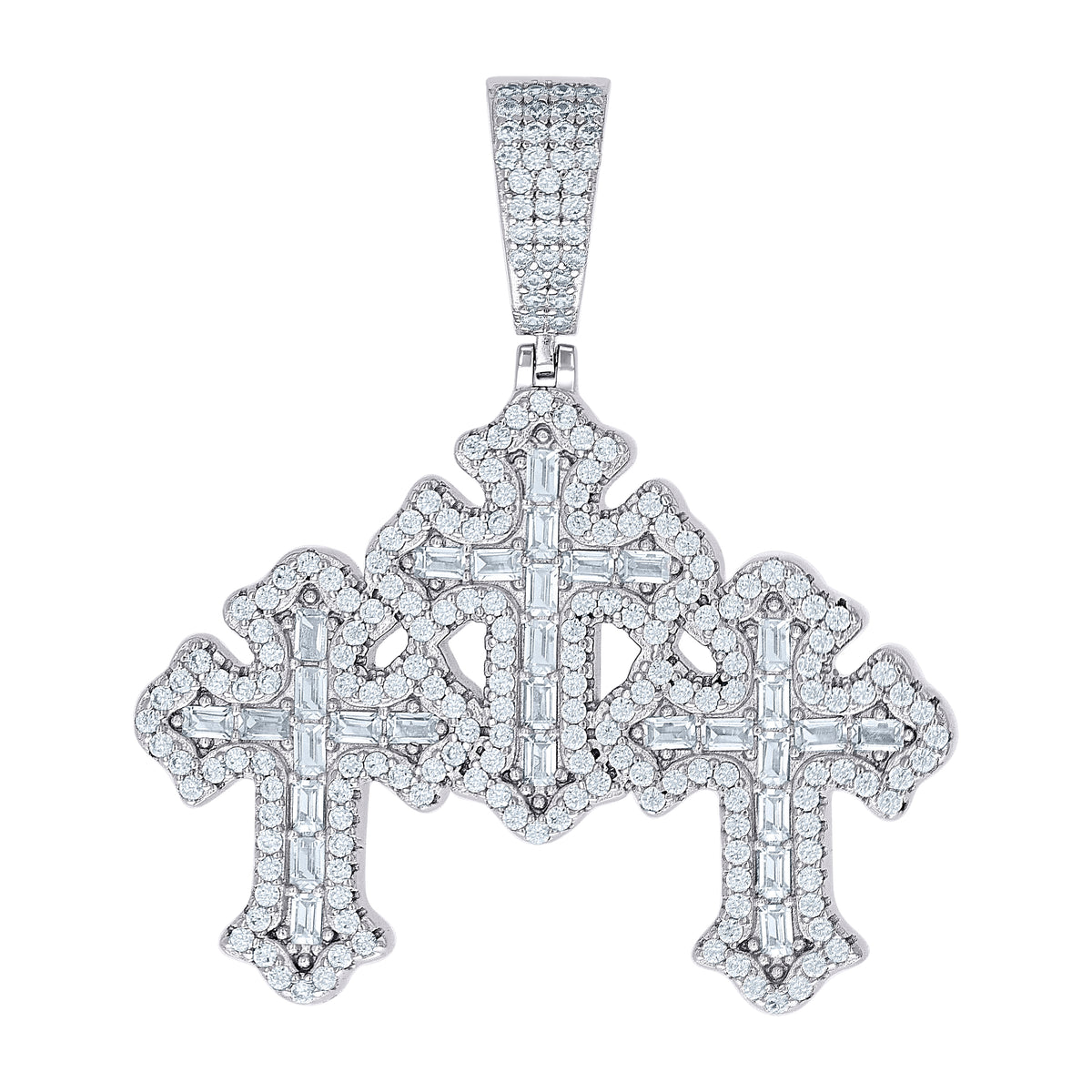 925 Sterling Silver Mens Round Baguette 1.66ct, 1.7ct Moissanite Triple Cross Religious Charm Pendant