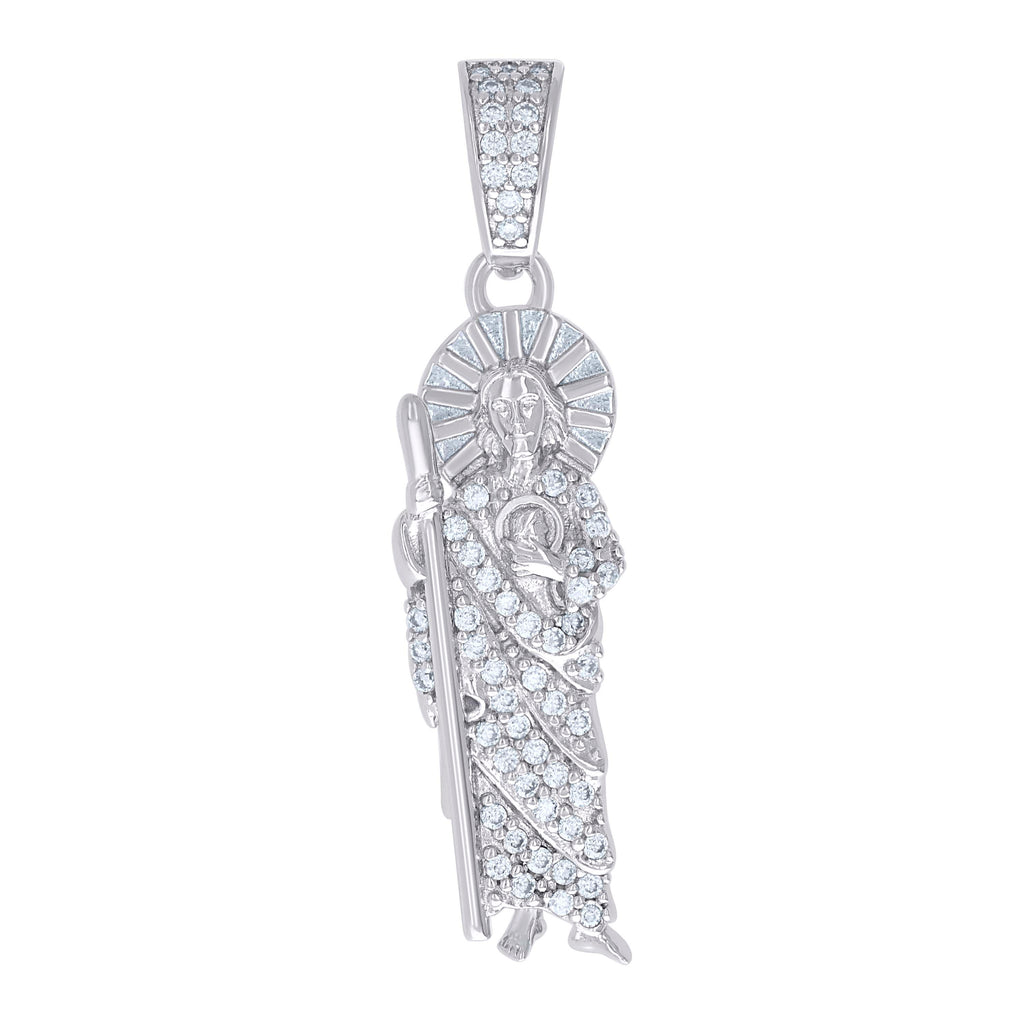 925 Sterling Silver Mens Round Baguette Cubic-Zirconia St. Jude Religious Charm Pendant