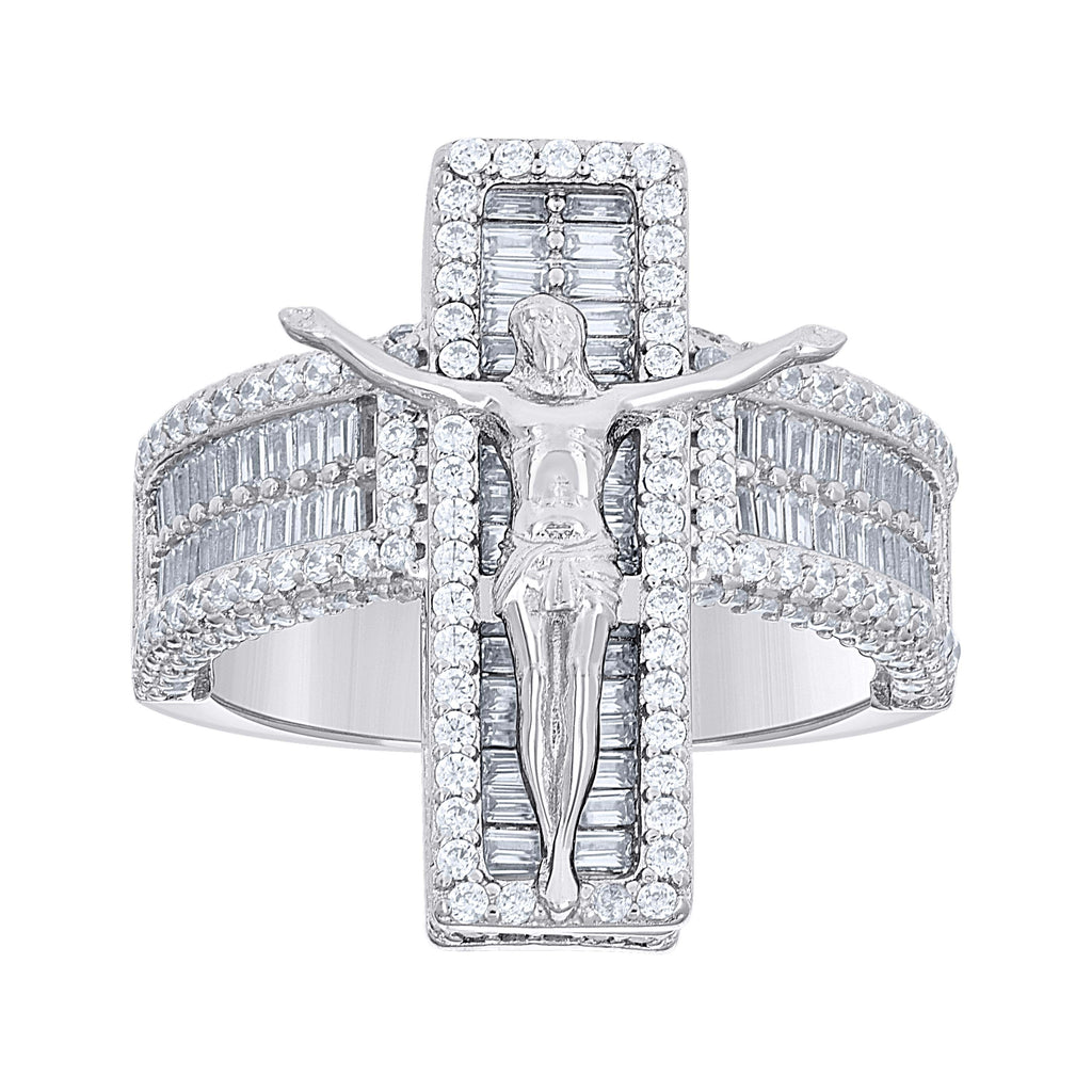 925 Sterling Silver Mens Baguette Round Cubic-Zirconia Crucifix Religious Ring S10