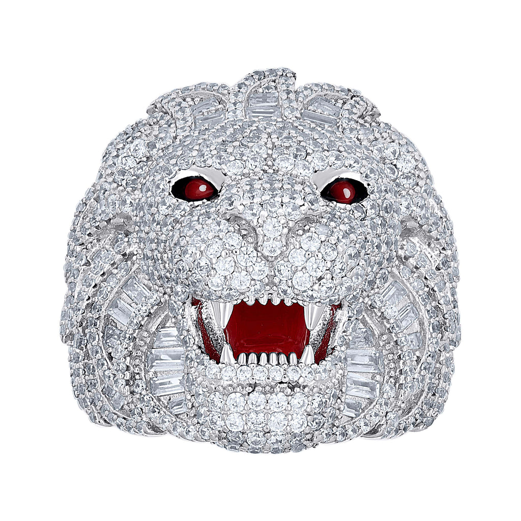 925 Sterling Silver Mens Baguette Round Cubic-Zirconia Lion Head Enameled Wildlife Ring S11
