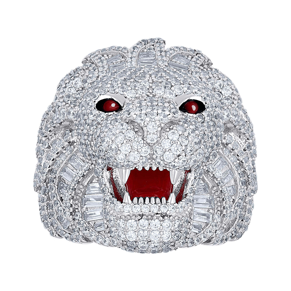 925 Sterling Silver Mens Baguette Round Cubic-Zirconia Lion Head Enameled Wildlife Ring S12