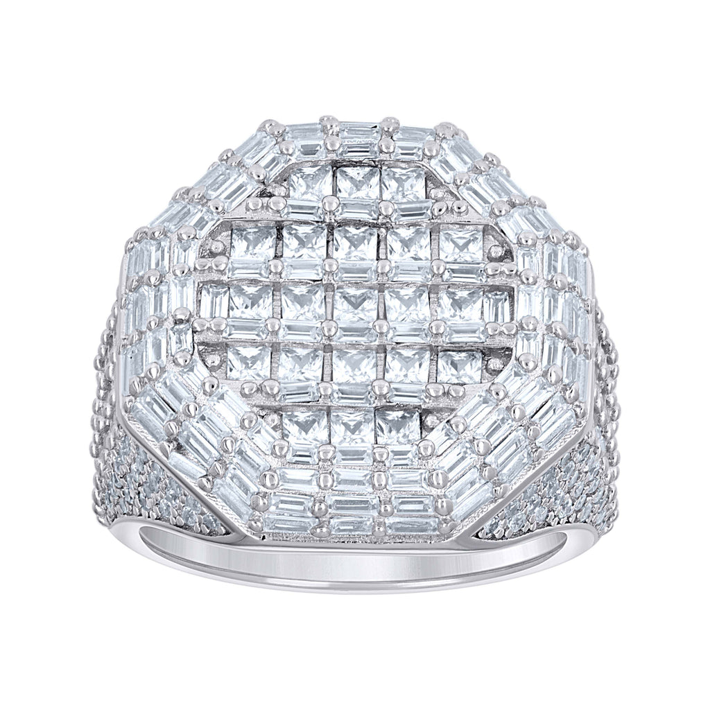 925 Sterling Silver Mens Princess-Cut/Baguette Round Cubic-Zirconia Octagon Head Fashion Ring S11