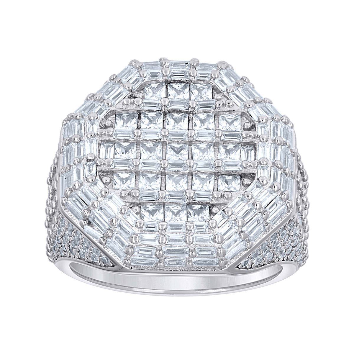 925 Sterling Silver Mens Princess-Cut/Baguette Round Cubic-Zirconia Octagon Head Fashion Ring S11