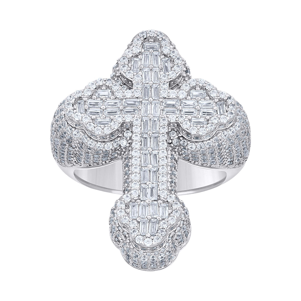 925 Sterling Silver Mens Baguette Round Cubic-Zirconia Cross Religious Ring