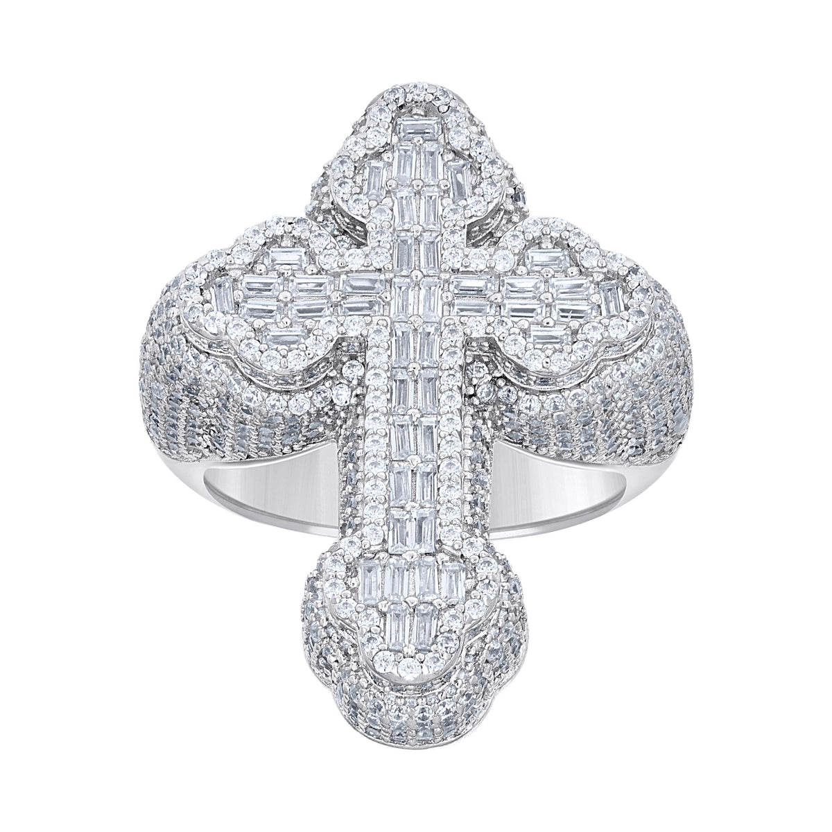 925 Sterling Silver Mens Baguette Round Cubic-Zirconia Cross Religious Ring