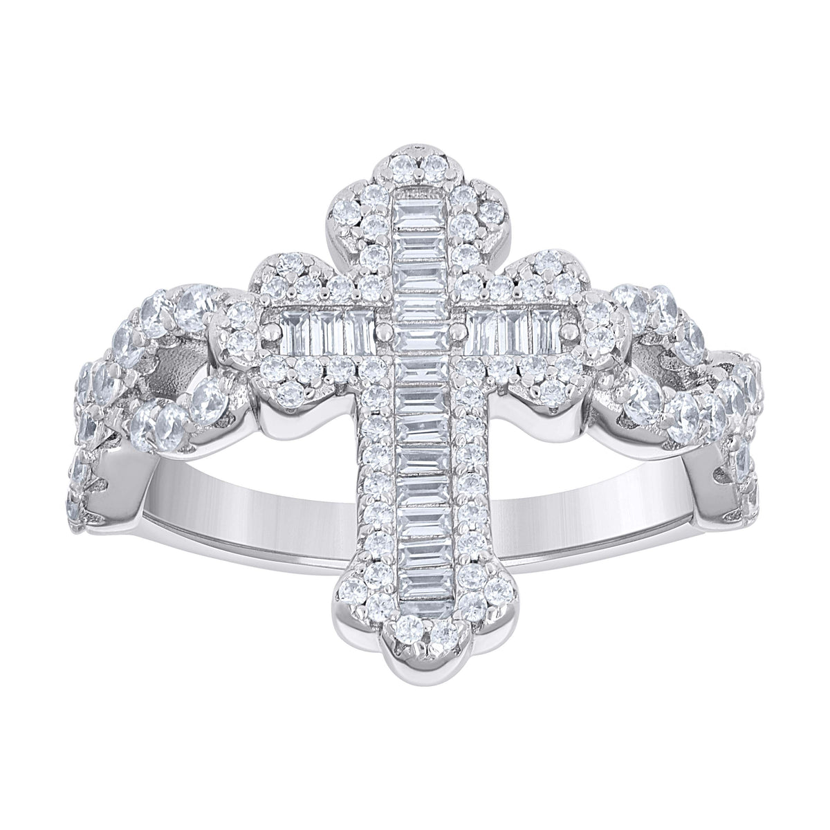 925 Sterling Silver Mens Baguette Round Cubic-Zirconia Cross Religious Ring S8-S11