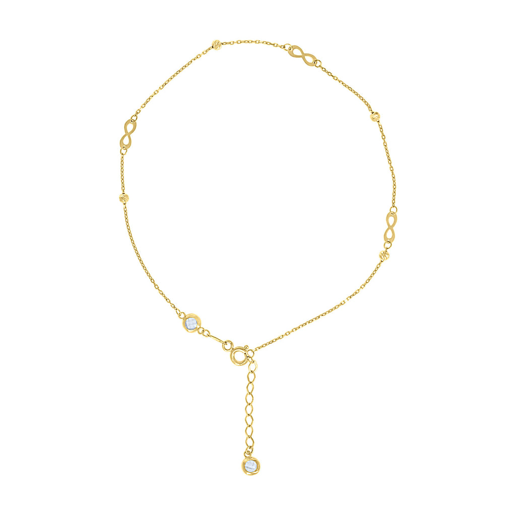 10K Yellow Gold Womens Cubic-Zirconia Diamond-cut Beaded Infinity Charms Chain Anklet Size 9 + 1 Inches
