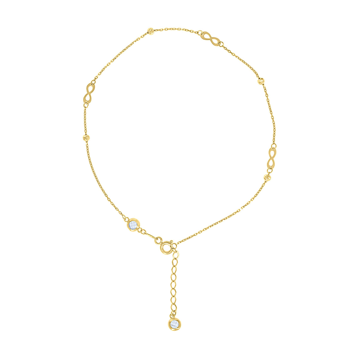 10K Yellow Gold Womens Cubic-Zirconia Diamond-cut Beaded Infinity Charms Chain Anklet Size 9 + 1 Inches