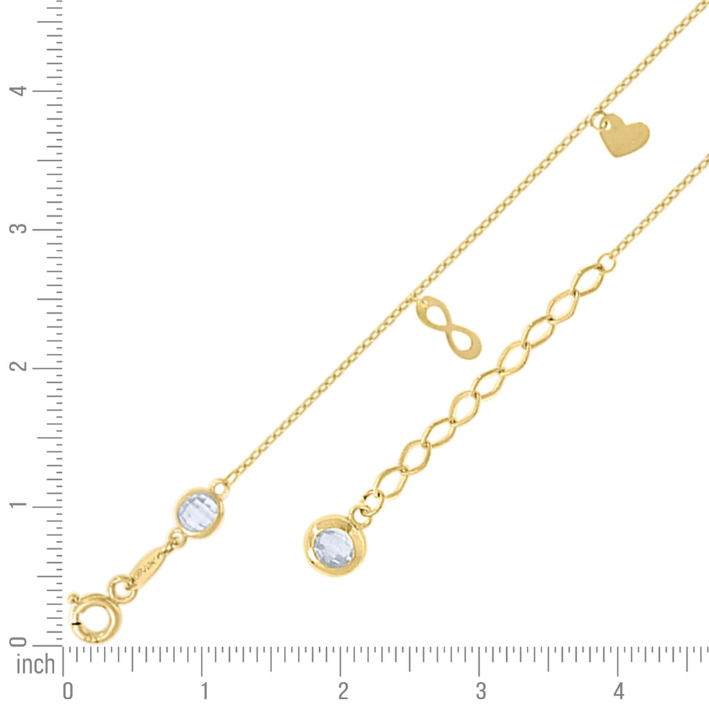 10K Yellow Gold Womens Cubic-Zirconia Infinity Heart Charms Chain Anklet Size 9 + 1 Inches
