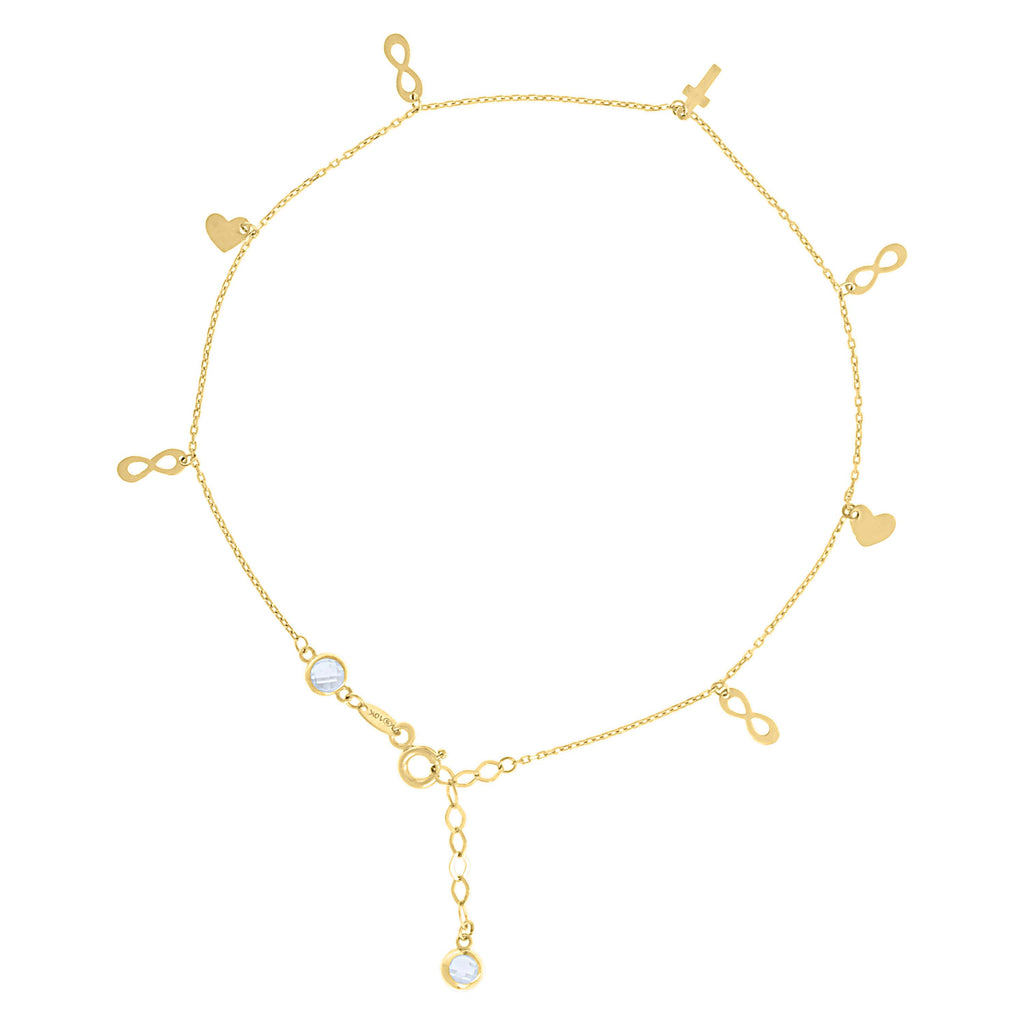 10K Yellow Gold Womens Cubic-Zirconia Infinity Heart Charms Chain Anklet Size 9 + 1 Inches