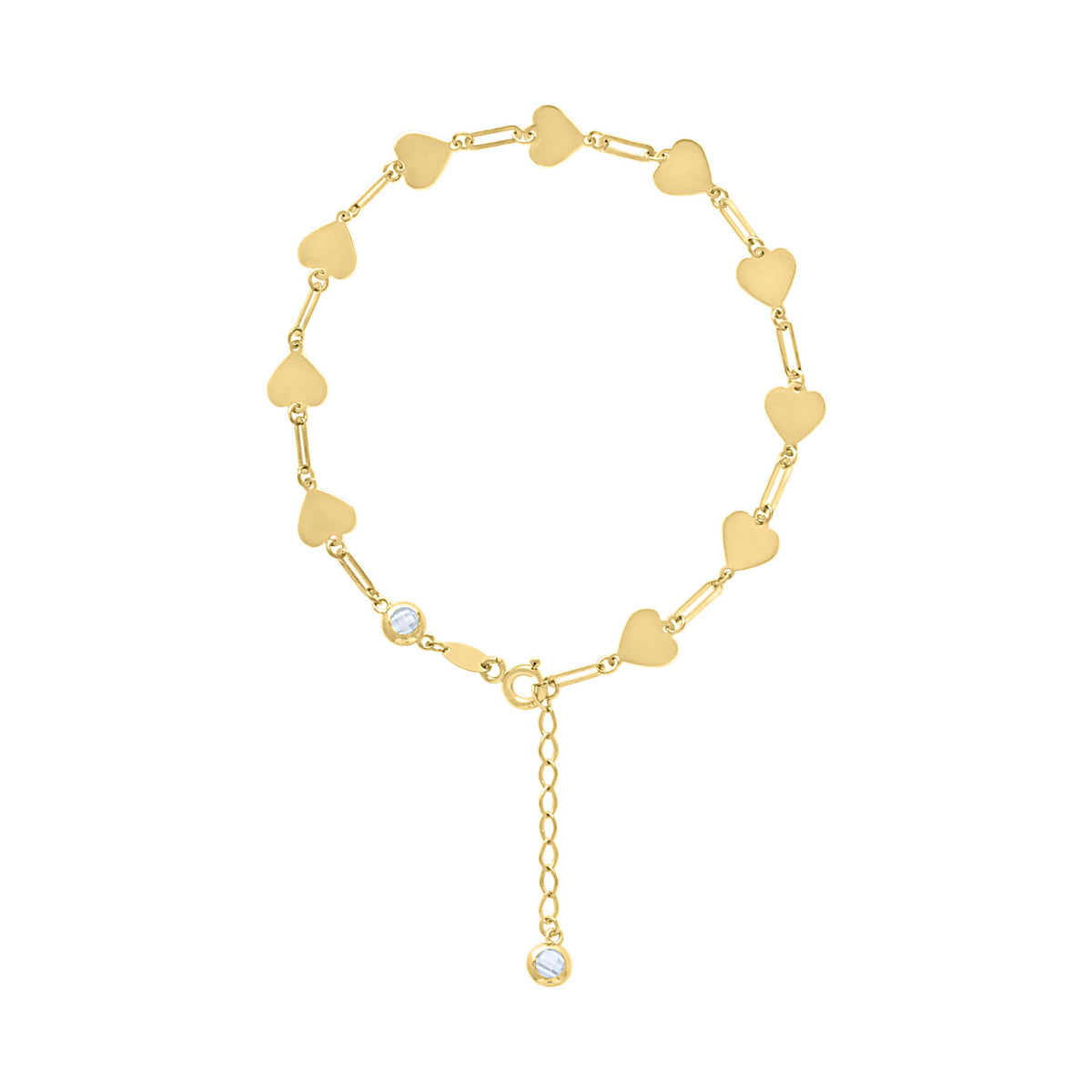 10K Yellow Gold Womens Cubic-Zirconia Hearts Link Bracelet Size 7 + 1 Inches