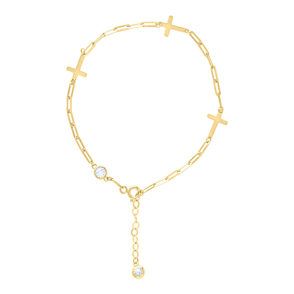 10K Yellow Gold Womens Cubic-Zirconia Cross Charms Chain Bracelet Size 7 + 1 Inches