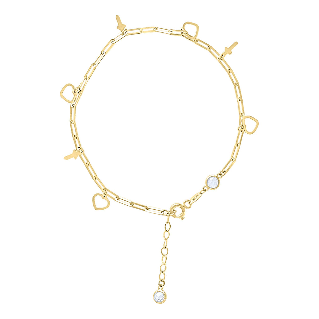 10K Yellow Gold Womens Cubic-Zirconia Heart Cross Charms Chain Bracelet Size 7 + 1 Inches