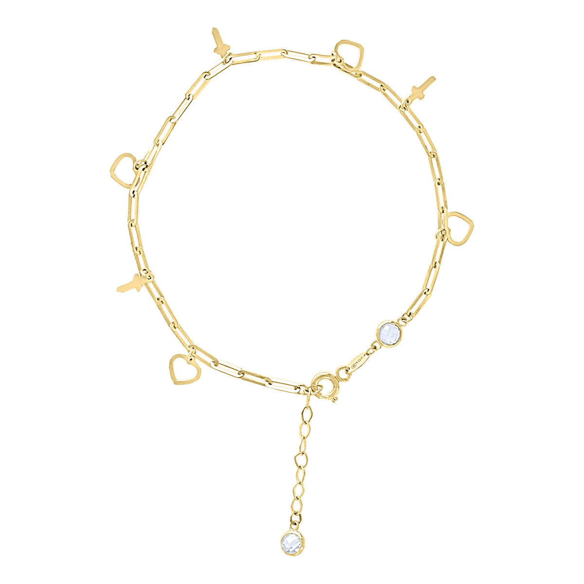 10K Yellow Gold Womens Cubic-Zirconia Heart Cross Charms Chain Bracelet Size 7 + 1 Inches