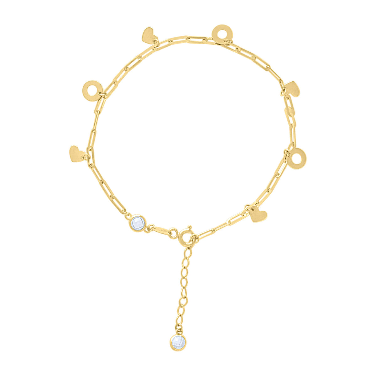 10K Yellow Gold Womens Cubic-Zirconia Heart Charms Chain Bracelet Size 7 + 1 Inches